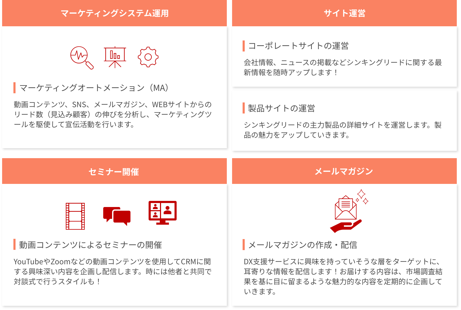 マーケティングの仕事は、①マーケティングシステム運用。マーケティングオートメーション(MA)といって、動画コンテンツ、SNS、メールマガジン、WEBサイトからのリード数(見込み顧客)の伸びを分析し、マーケティングツールを駆使して宣伝活動を行います。②サイト運営。コーポレートサイトの運営や、最頻サイトの運営をし、シンキングリードに関する最新情報を随時アップしたり、主力製品の魅力を発信していきます。③セミナー開催。YouTubeやZoomなどの動画コンテンツをしようして、CRMに関する興味深い内容を企画し配信しています。時には他者と共同で対談式で行う場合もあります。④メールマガジン。DX支援サービスに興味を持っていそうな層をターゲットに、耳寄りな情報を配信しております。
