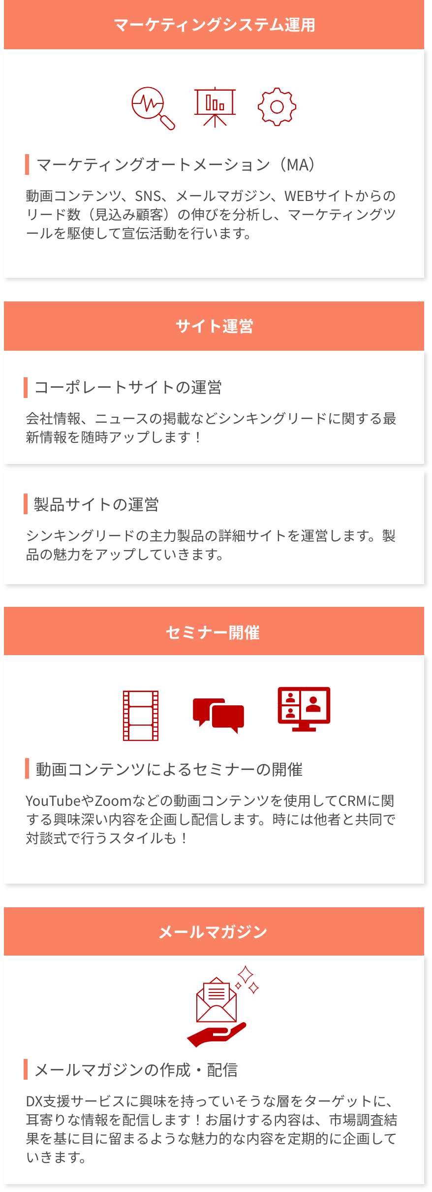 マーケティングの仕事は、大きく4つに分けられます。①マーケティングシステム運用。マーケティングオートメーション(MA)といって、動画コンテンツ、SNS、メールマガジン、WEBサイトからのリード数(見込み顧客)の伸びを分析し、マーケティングツールを駆使して宣伝活動を行います。②サイト運営。コーポレートサイトの運営や、最頻サイトの運営をし、シンキングリードに関する最新情報を随時アップしたり、主力製品の魅力を発信していきます。③セミナー開催。YouTubeやZoomなどの動画コンテンツをしようして、CRMに関する興味深い内容を企画し配信しています。時には他者と共同で対談式で行う場合もあります。④メールマガジン。DX支援サービスに興味を持っていそうな層をターゲットに、耳寄りな情報を配信しております。